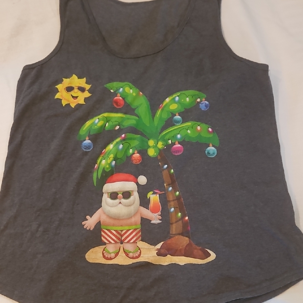 Gray Tank Top with Santa and Palm Tree Design